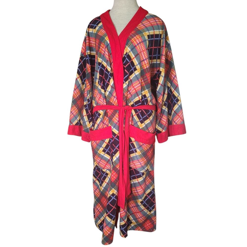 Vintage 1970s Multi-Color Plaid Fleece Belted Bath Robe Retro Men’s Medium